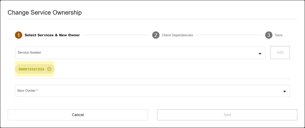 transfer service wizard page 1 with selected service number